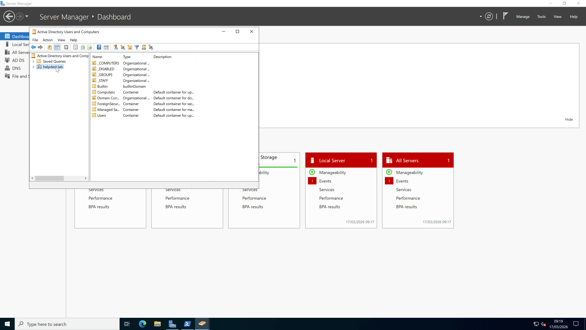 Active Directory Users & Computers — OU structure (_STAFF, _COMPUTERS, _GROUPS, _DISABLED)