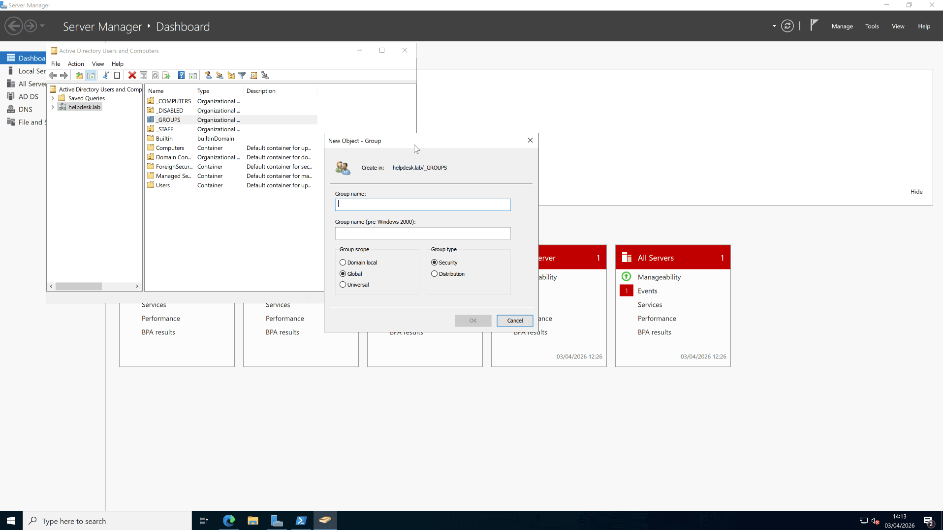 Group Policy Management — new GPO being created and linked to OU