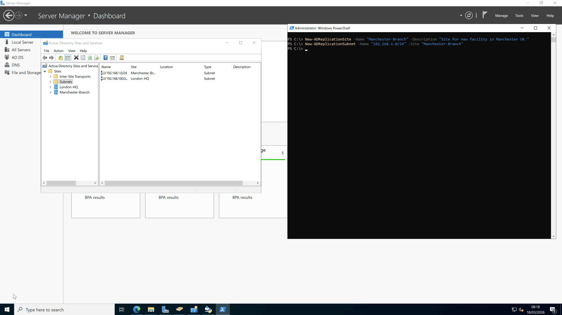 AD Sites & Services — Manchester-Branch site and subnet configured
