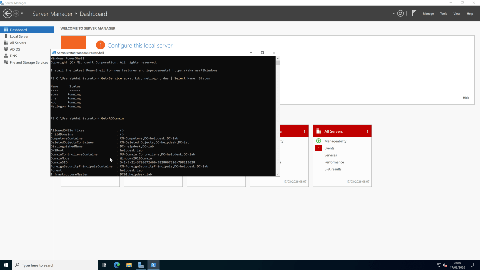 PowerShell service health check — ADWS, KDC, Netlogon, DNS all running