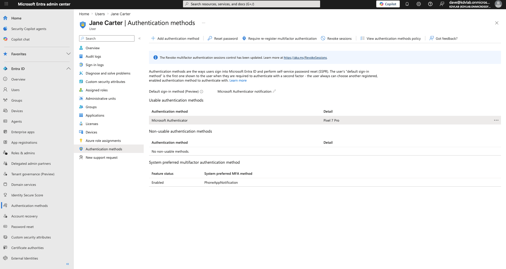 Entra ID — user authentication methods reviewed prior to MFA reset
