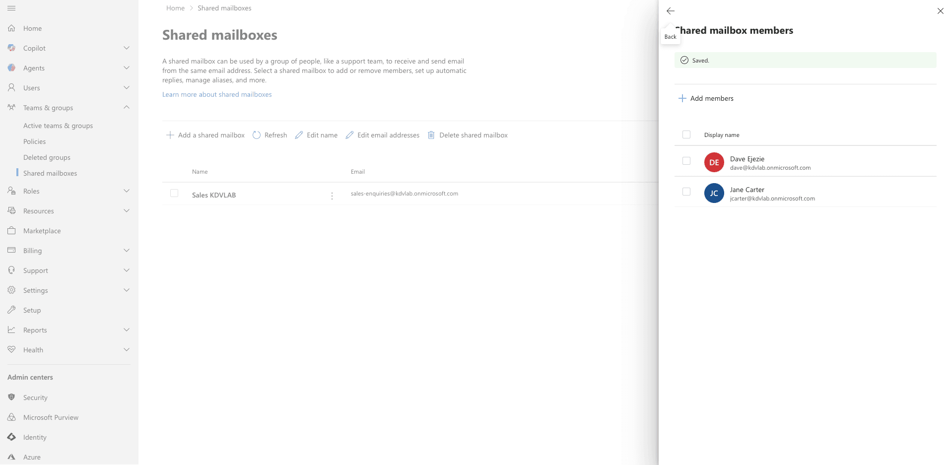 Shared mailbox members confirmed — delegation visible in Exchange Admin Centre