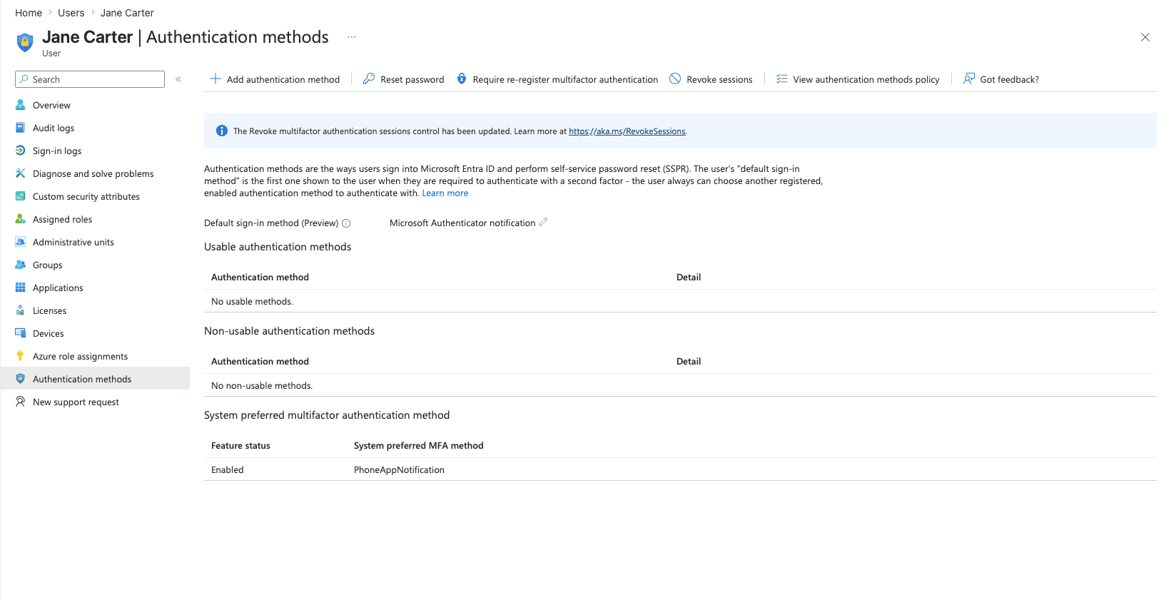 MFA reset confirmation — re-registration required on next sign-in