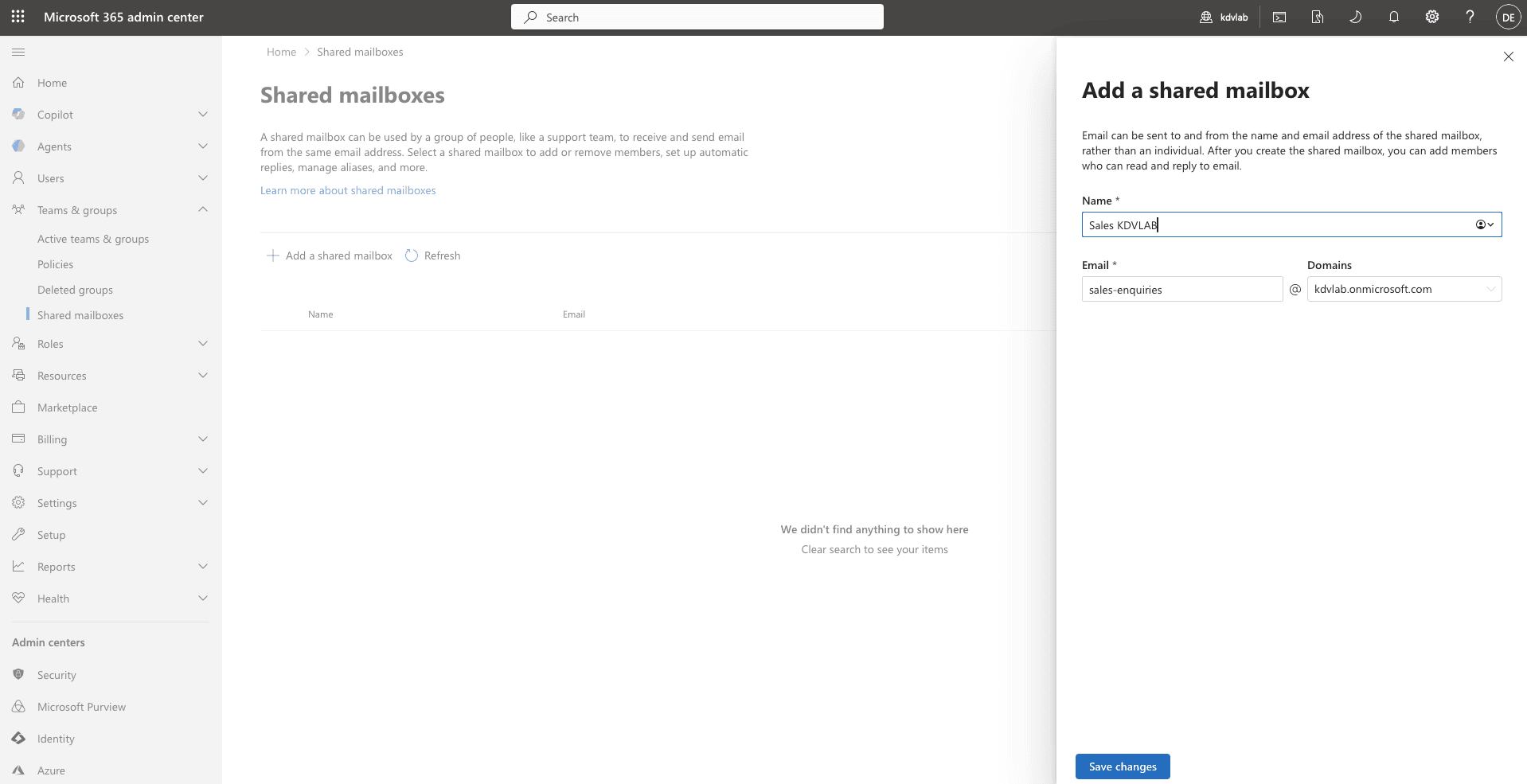 Shared mailbox creation — new mailbox provisioned in Exchange Admin Centre